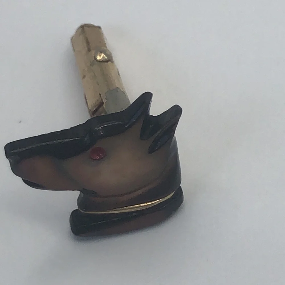 Mid century Mother of pearl dog head Cufflinks & Tie Bar VTG